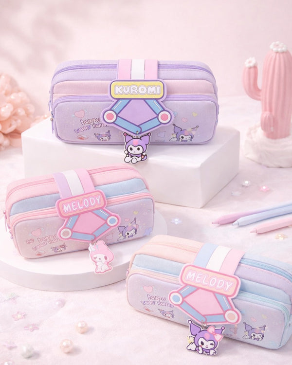 Happy Melody Double Zip Pencil Case with Closer Strap