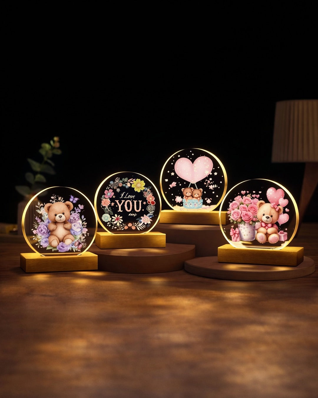 3D Teddy Bear Crystal Ball 11cm Night Light with Wooden Base