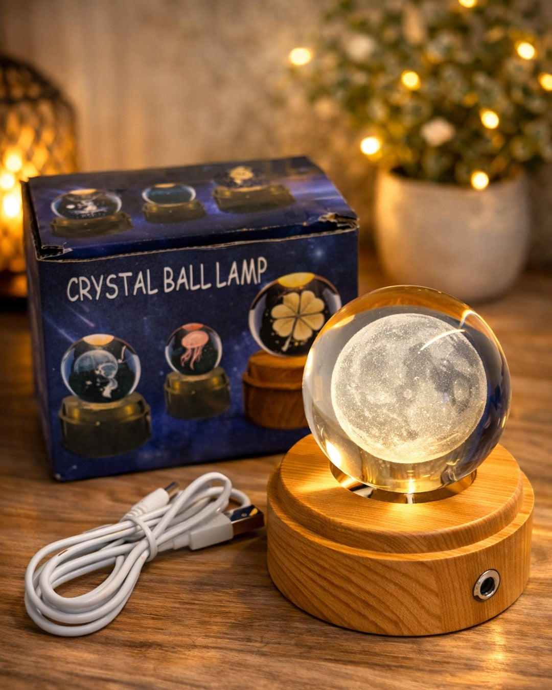 3D Auto Rotating Multi Crystal Ball 6cm Night Light with Wooden Base