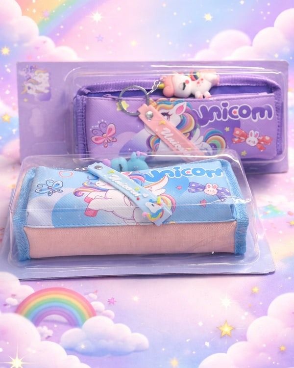 Unicorn Double Zip Pencil Case with Keychain