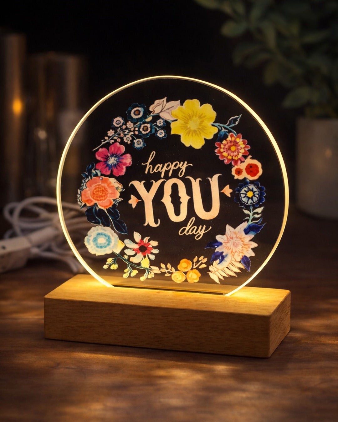 3D Teddy Bear Crystal Ball 11cm Night Light with Wooden Base
