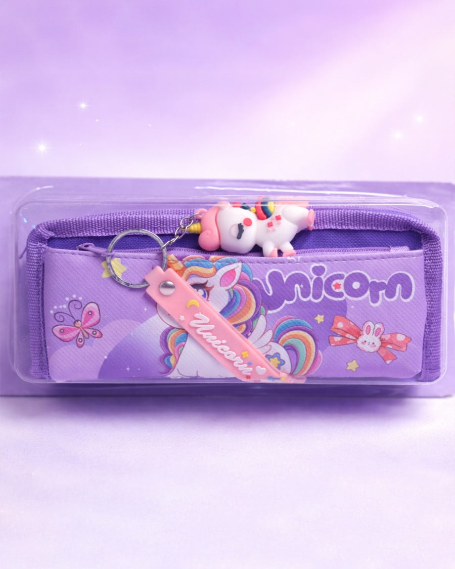 Unicorn Double Zip Pencil Case with Keychain