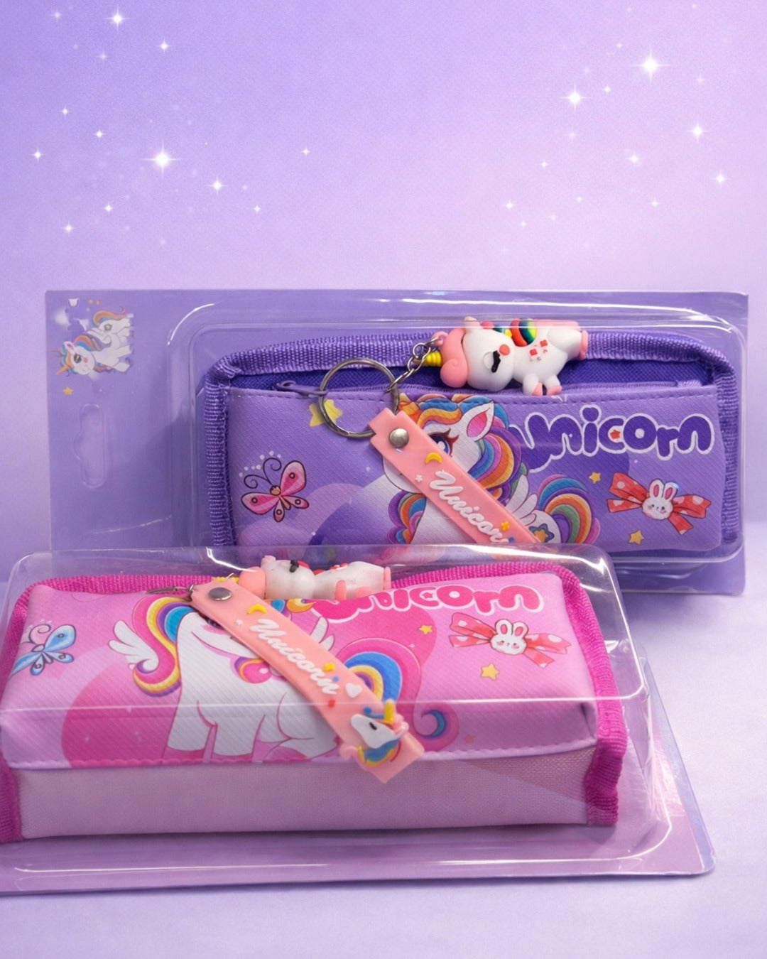 Unicorn Double Zip Pencil Case with Keychain